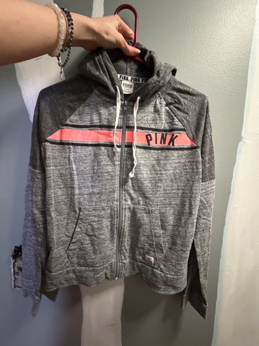 LOVE PINK Lightweight Gray Zip Hoodie with Pink Accent